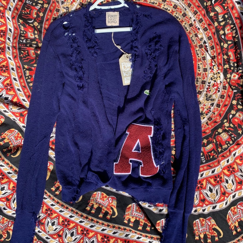 One of a kind “A” patch cardigan with design tears